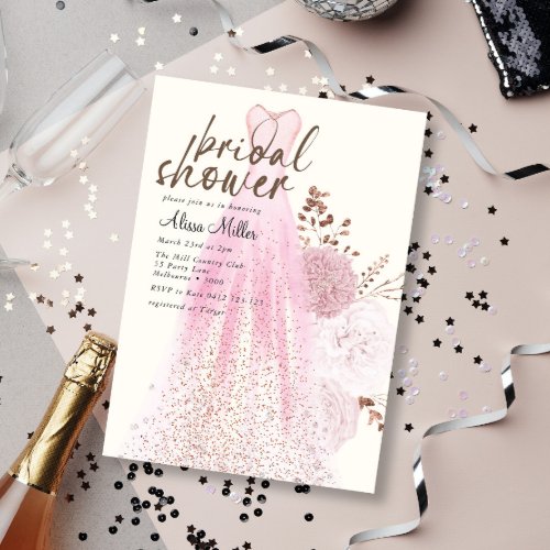 Modern Pink Wedding Dress Bridal Shower Invitation