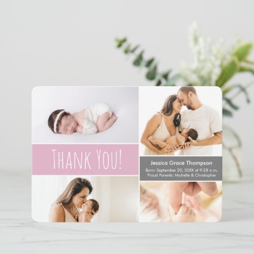 Modern Pink Welcome Home Baby Girl Photo Collage Thank You Card
