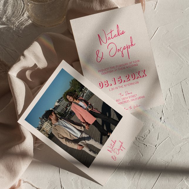 Modern Pink Whimsical Bright Retro Photo Wedding Invitation (Creator Uploaded)