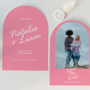 Modern Pink Whimsical Summer Arched Photo Wedding Save The Date