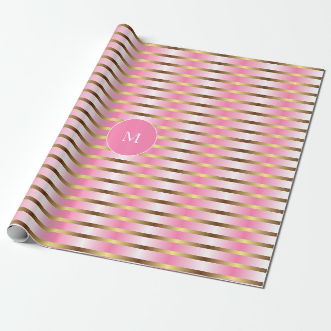 Modern Pink White And Gold Stripes Christmas Wrapping Paper (Unrolled)