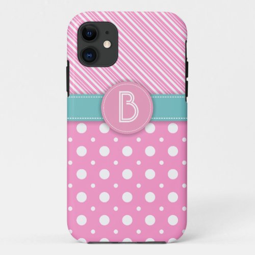 Modern pink white aqua polka dot  stripes iPhone 11 case