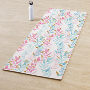 Modern Pink, White & Blue Watercolor Floral Yoga Mat