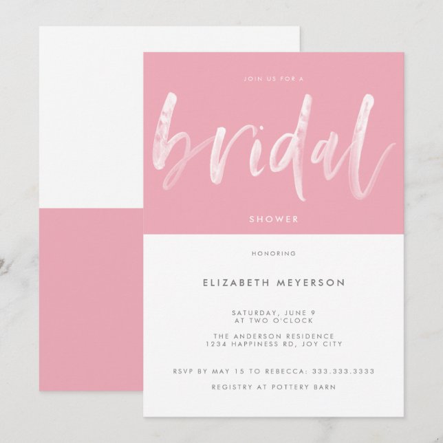 Modern Pink White Brush Calligraphy Bridal Shower Invitation (Front/Back)