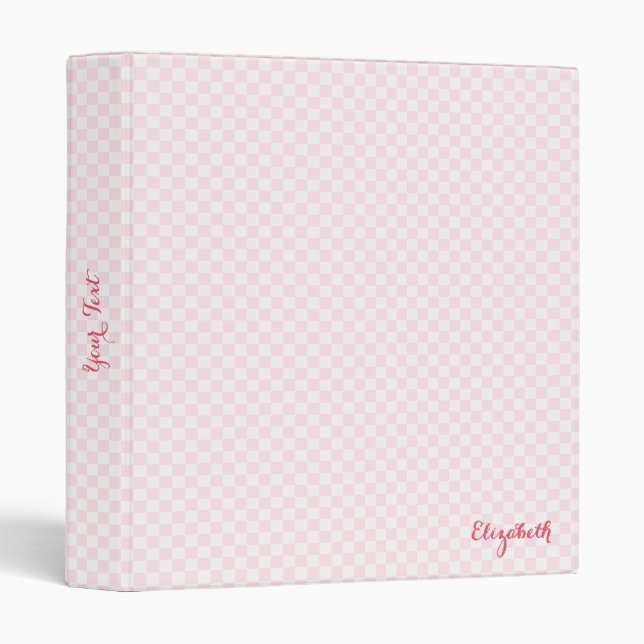Modern Pink White Checkered Elegant Monogrammed 3 Ring Binder (Front/Spine)