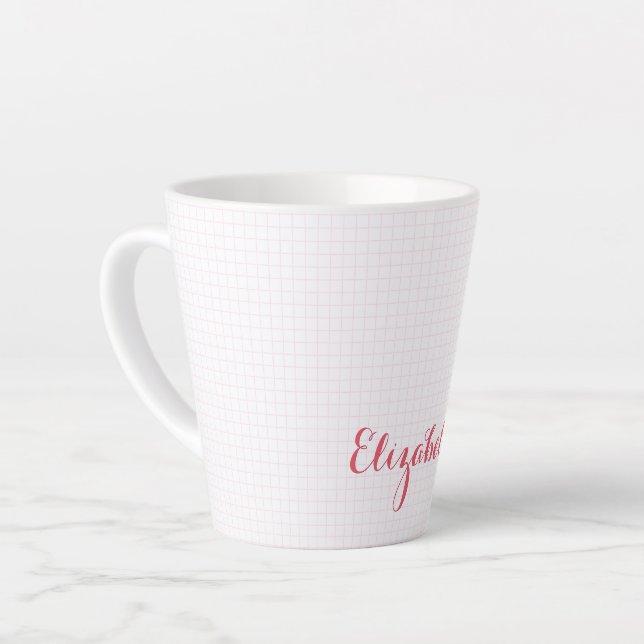 Modern Pink White Checkered Elegant Typography Latte Mug (Left Angle)
