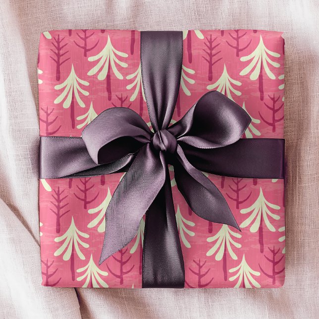 Modern Pink White Christmas Tree Pattern Wrapping Paper (Creator Uploaded)