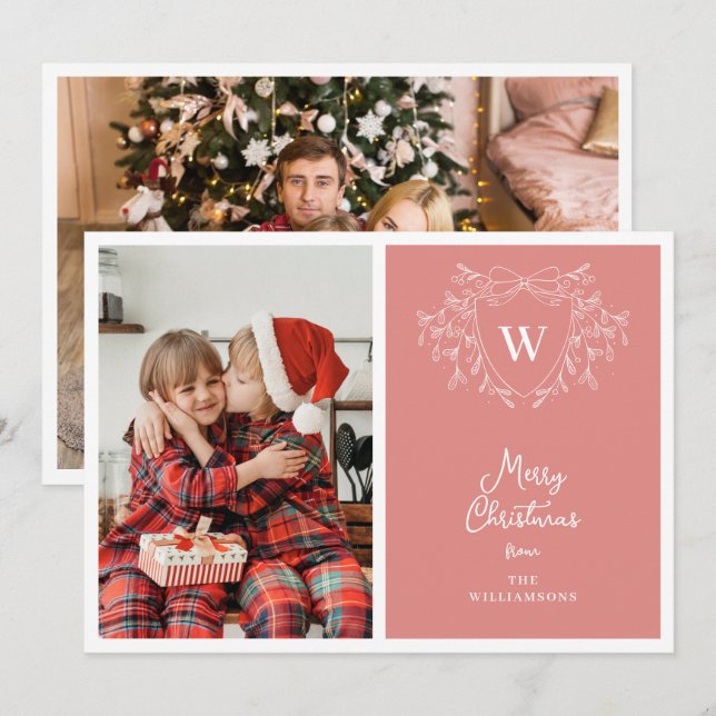 Modern pink & white classy crest 2 photos holiday card (Front/Back)