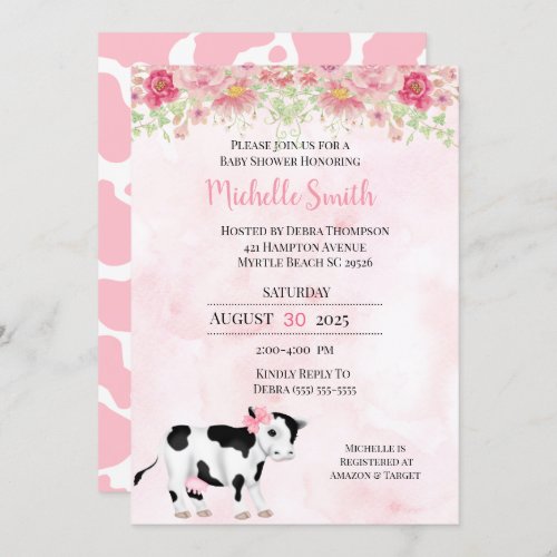  Modern Pink White Cow Print Baby Shower Invitation