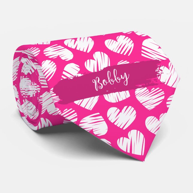Modern Pink White Doodled Heart Valentine Name  Neck Tie (Rolled)