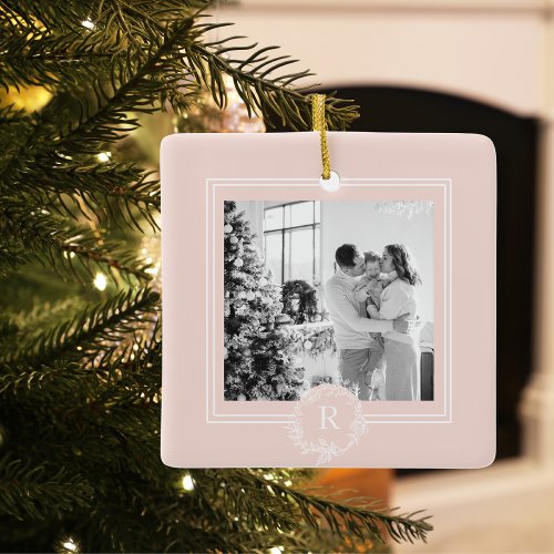 Modern Pink  White  Family Photo  Initial Ceramic Ornament