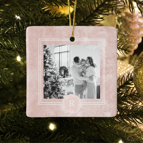 Modern Pink  White  Family Photo  Initial Ceramic Ornament