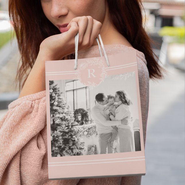 Modern Pink & White | Family Photo | Initial Medium Gift Bag (Creator Uploaded)