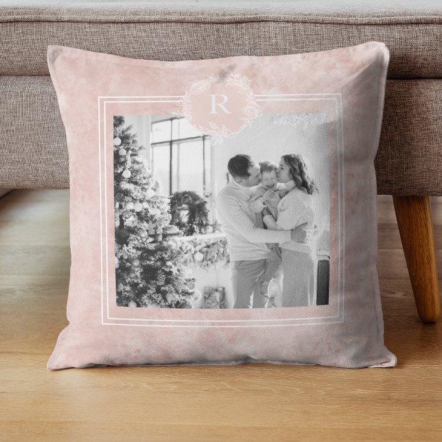 Modern Pink & White | Family Photo | Initial Throw Throw Pillow (Creator Uploaded)