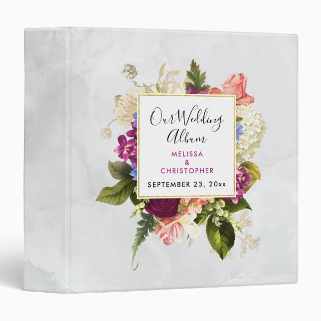 Modern Pink & White Floral Bouquet Wedding Album 3 Ring Binder (Front/Spine)