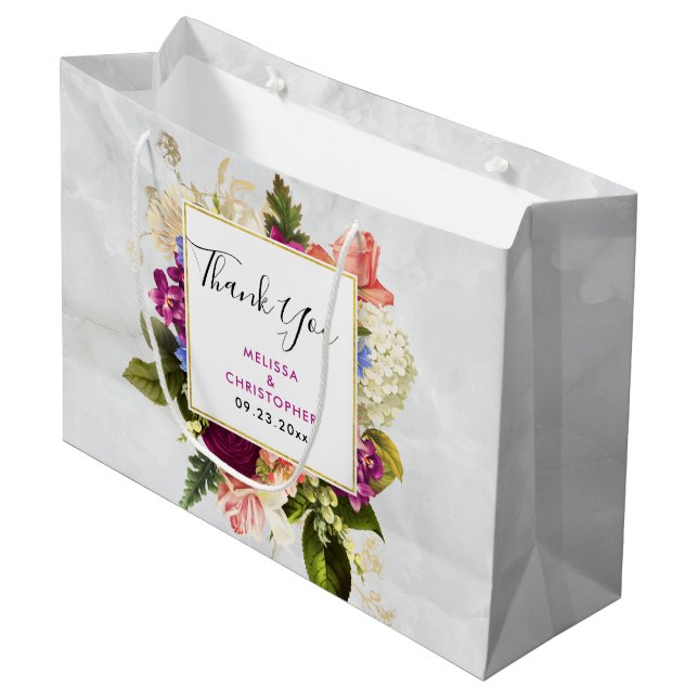 Modern Pink & White Floral Bouquet Wedding Large Gift Bag (Front Angled)