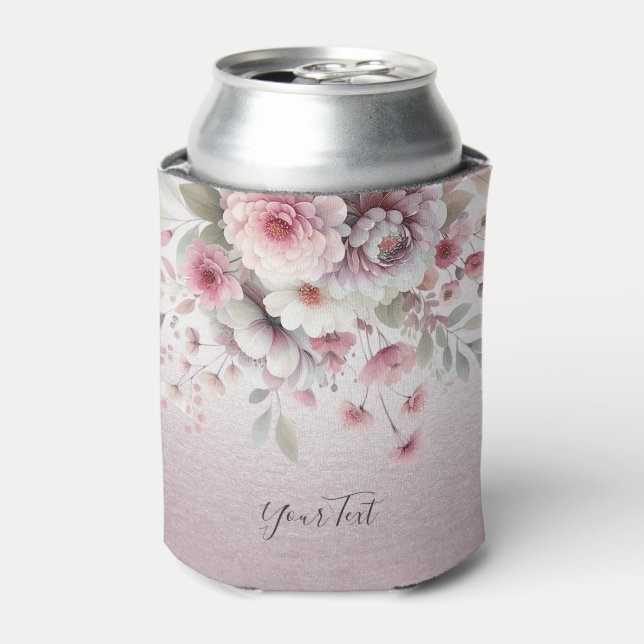 Modern Pink White Floral Can Cooler (Can Front)