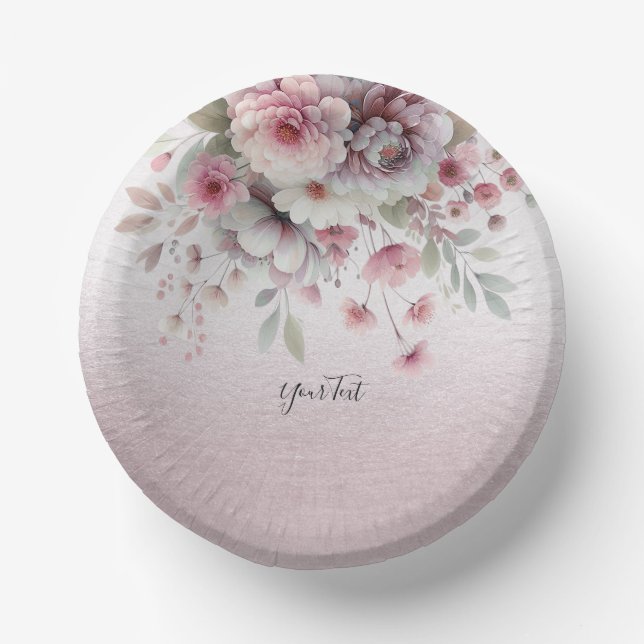 Modern Pink White Floral Paper Bowl (Front)