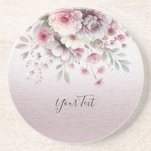 Modern Pink White Floral Sandstone Coaster