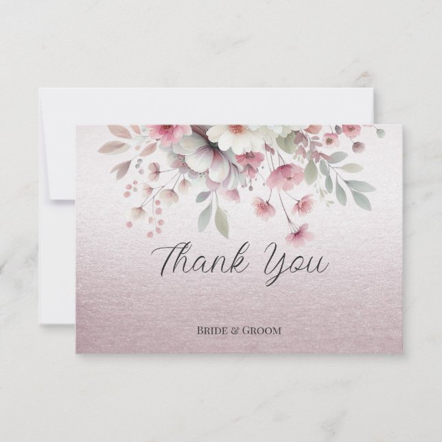Modern Pink White Floral Thank You Card (Front)