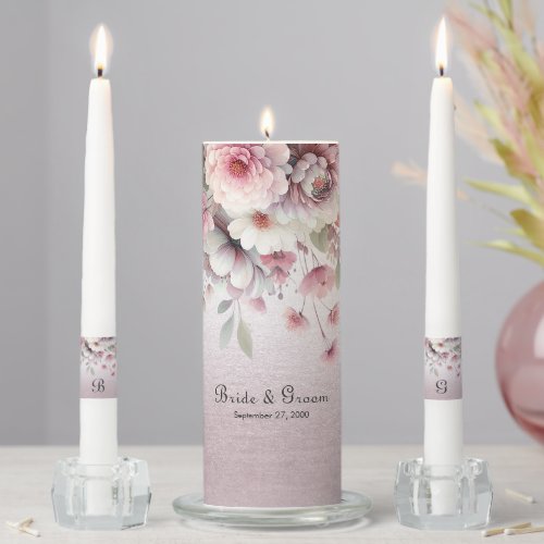 Modern Pink White Floral Unity Candle Set