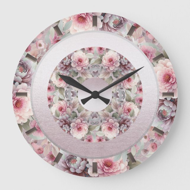 Modern Pink White Floral Wall Clock (Front)
