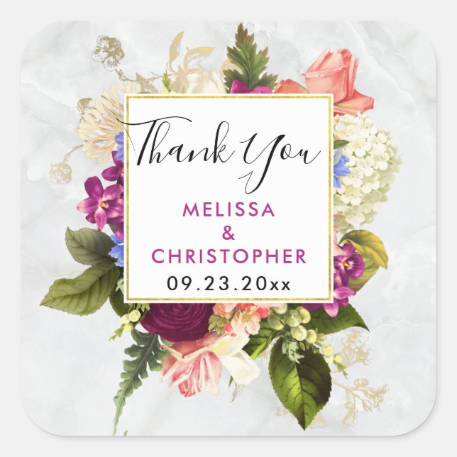 Modern Pink & White Florals Wedding Thank You Square Sticker (Front)