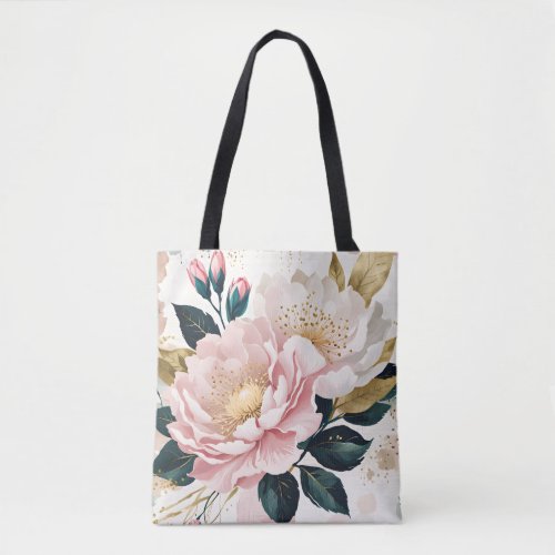 Modern Pink  White Flowers Green  Gold Foliage  Tote Bag