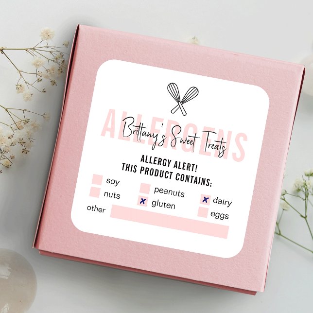 Modern Pink & White Food Allergy Alert Packaging Square Sticker (Creator Uploaded)