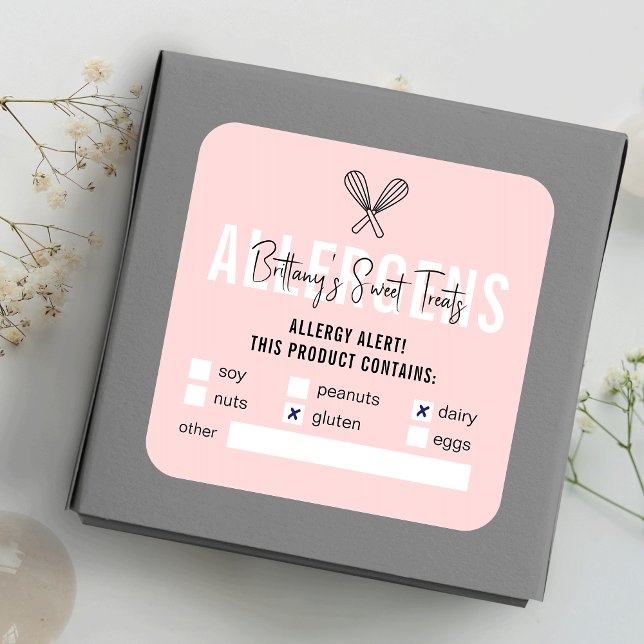 Modern Pink & White Food Safety Allergy Warning Square Sticker (Creator Uploaded)