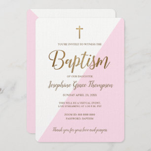 Modern Pink White Gold Cross Virtual Baptism Invitation