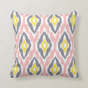 Modern pink white gray Ikat Tribal Pattern 1a Throw Pillow