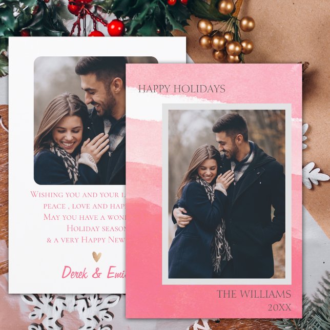 Modern Pink White Happy Holidays Photo card (Elegant Pink White Abstract Photo Happy Holidays Card)