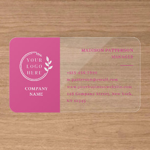 Modern Pink White Logo Branding Clear Business Cards