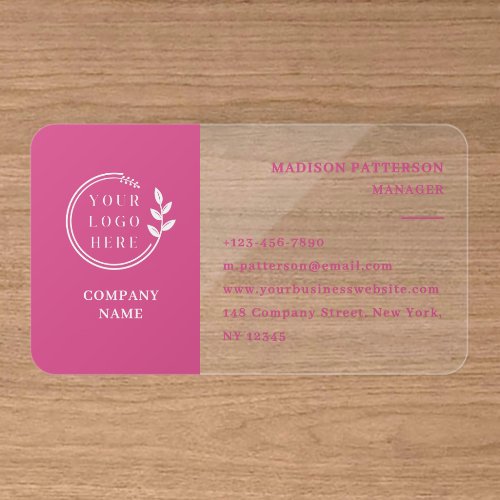 Modern Pink White Logo Branding Clear Business Cards