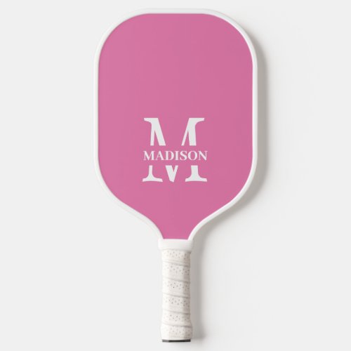 Modern Pink White Minimalist Monogram Name Pickleball Paddle