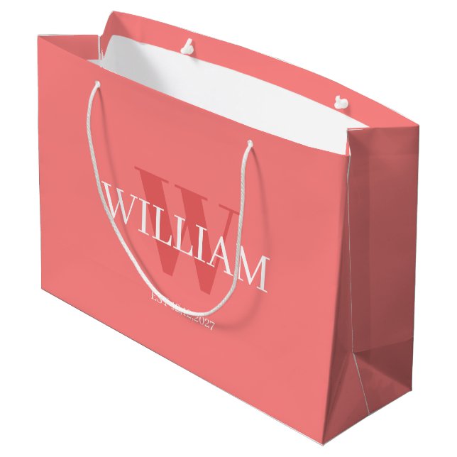 Modern Pink &white Minimalist Monogrammed Gift Bag (Back Angled)
