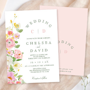 Modern Pink White Monogram Floral Wedding Invitation