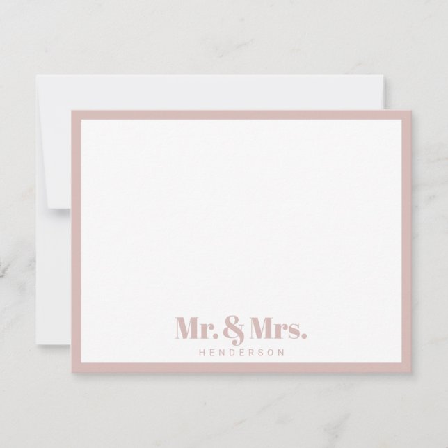 Modern Pink White Mr. and Mrs.Your Last Name Note Card (Front)