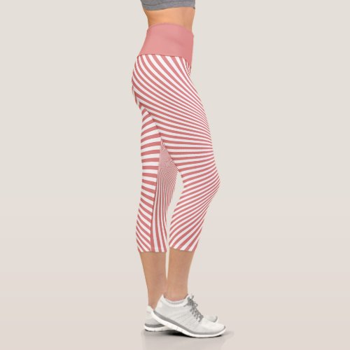 Modern Pink White Optical Illusion Stripes Yoga Capri Leggings