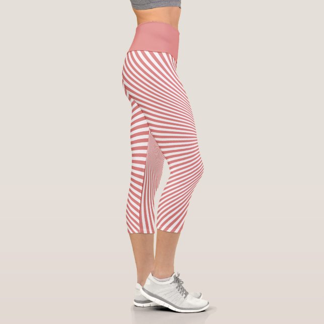 Modern Pink White Optical Illusion Stripes Yoga Capri Leggings (Right)