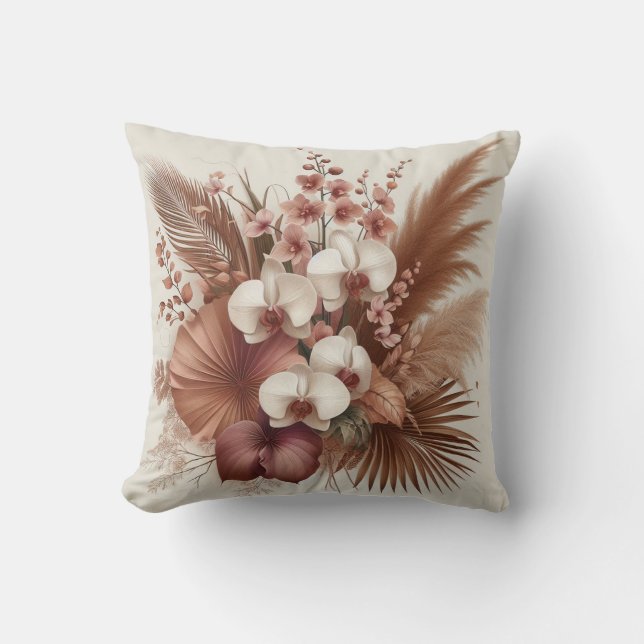 Modern pink white orchid flower & tropical leaves  throw pillow (Front)