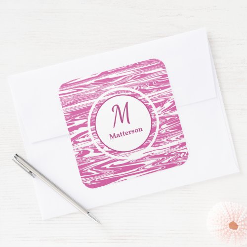 Modern Pink White Pattern Monogram Custom Square Sticker