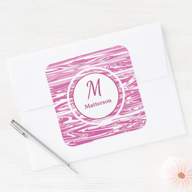 Modern Pink White Pattern Monogram Custom Square Sticker (Envelope)