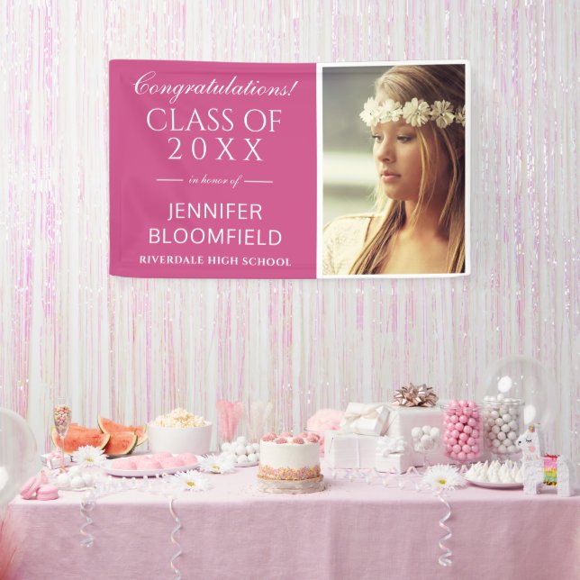 Modern Pink White Photo Graduation CLASS OF 2025 Banner (Party)