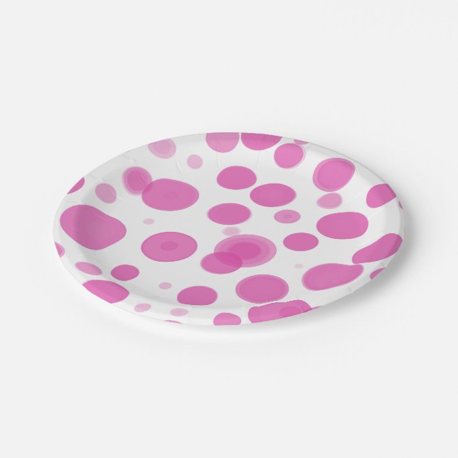Modern Pink & White Polka Dot Bubbles Party Paper Plates (Angled)
