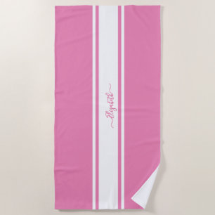 Modern Pink White Racing Stripes Monogrammed Pool Beach Towel