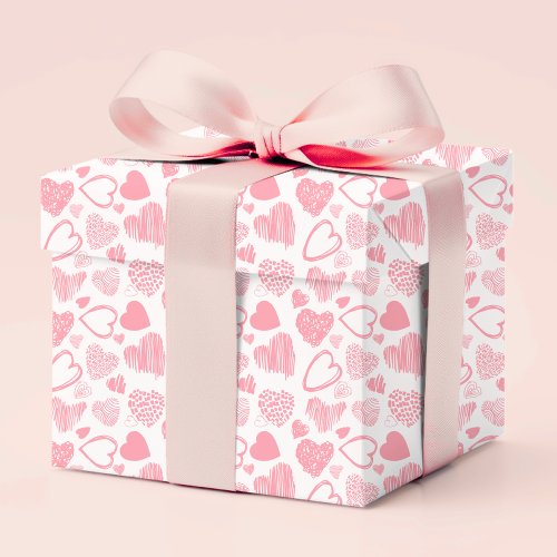 Modern Pink White Romantic Love Heart Doodle Wrapping Paper
