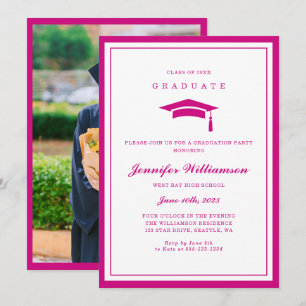Modern Pink & White Script Graduation Photo Invitation