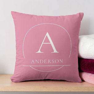 Modern Pink White Simple Family Name Monogram Throw Pillow